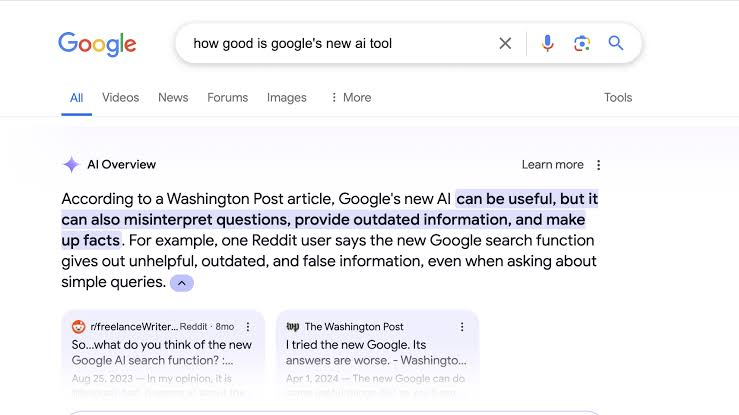A screenshot of a Google AI Summary box displaying a summarised answer and cited source links.