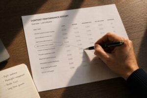 A hand circling a key content metric on a printed performance report, representing how to identify the signals that matter