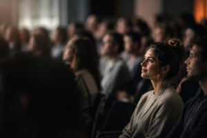 One audience member in focus while the surrounding crowd is blurred, representing writing for a specific audience.