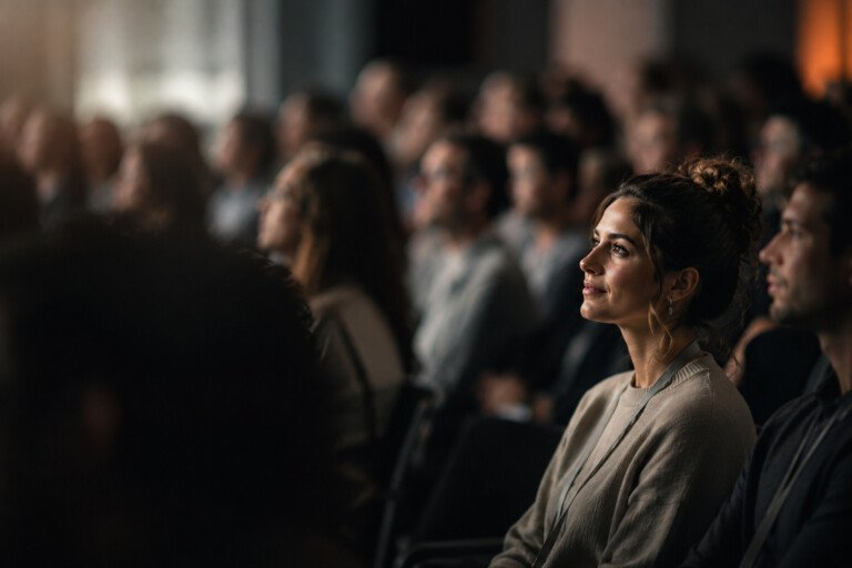 One audience member in focus while the surrounding crowd is blurred, representing writing for a specific audience.